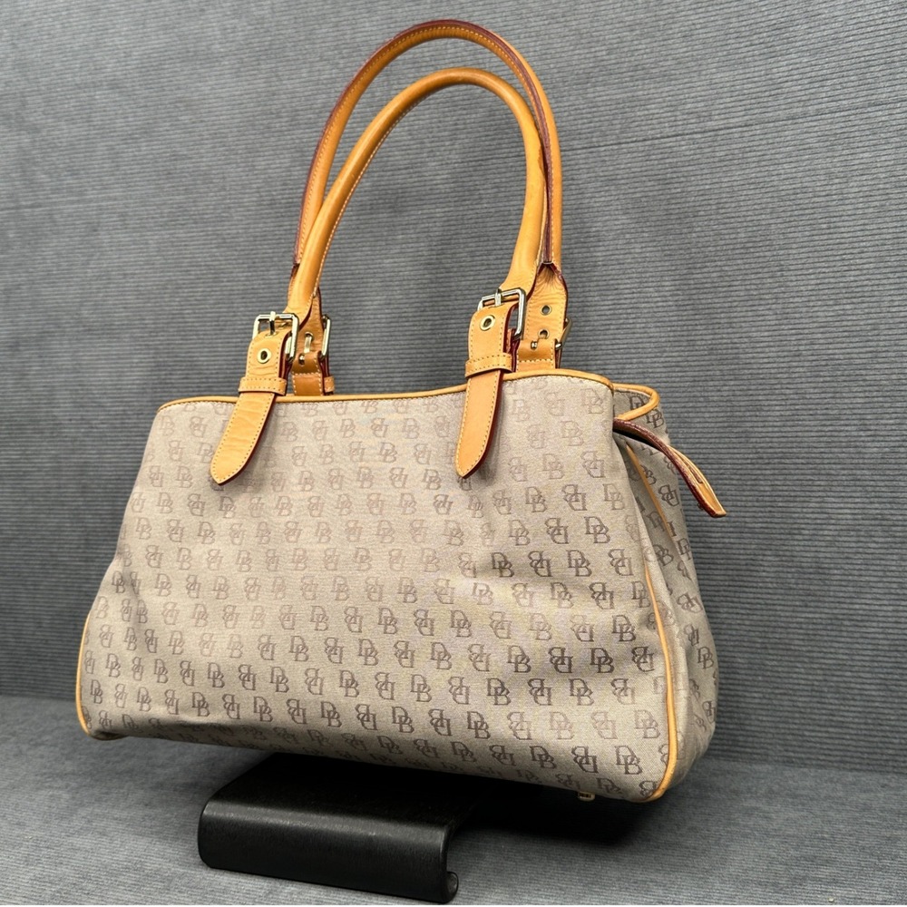 Dooney & Bourke Signature Monogram Satchel Bag Tan Grey Vachetta Leather Trim